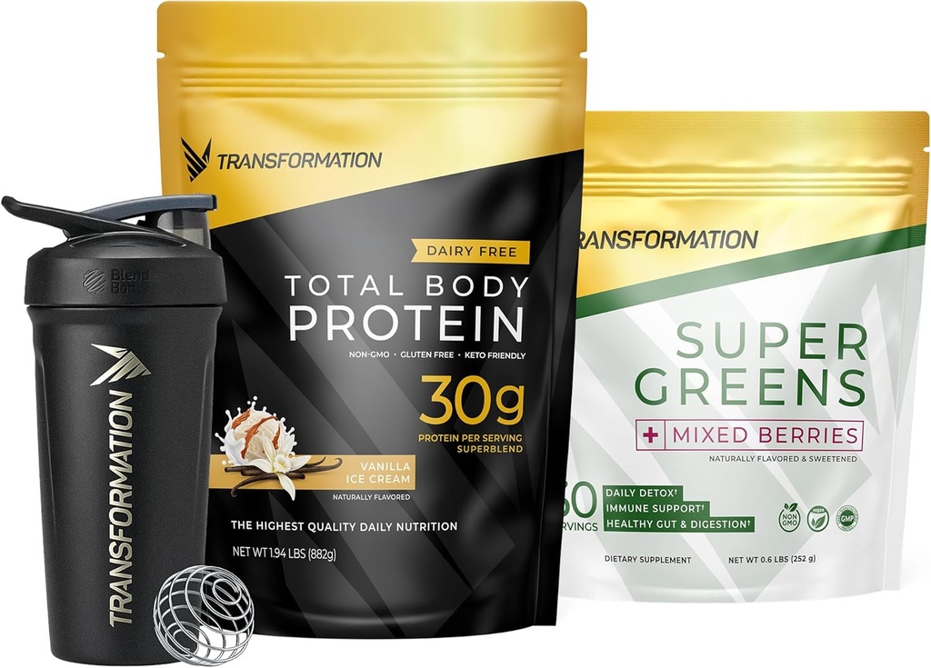 Transformation Vanilla Protein Powder, Super Greens Superfood Green Juice Powder and Performance Insulated Shaker Bottle
