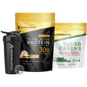 Transformation Poudre de protéines de vanille, Super Greens Poudre de jus vert super-alimentaire et bouteille de shaker isotherme performance