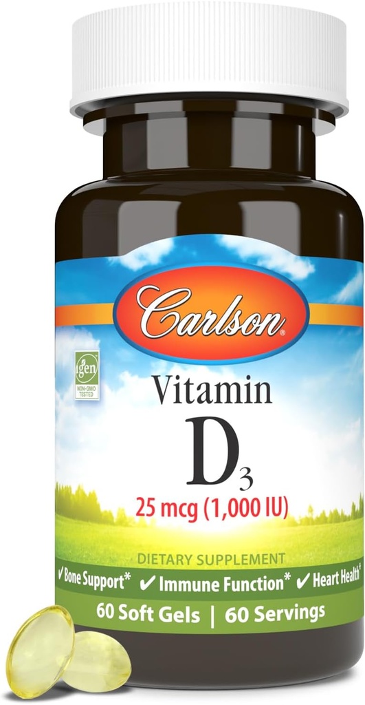 Carlson - Vitamine D3, 1000 UI (25 mcg), Santé des os, Santé musculaire, Cholecalciferol, Suppléments de vitamine D, Gels souples de vitamine D3, 60 Softgels