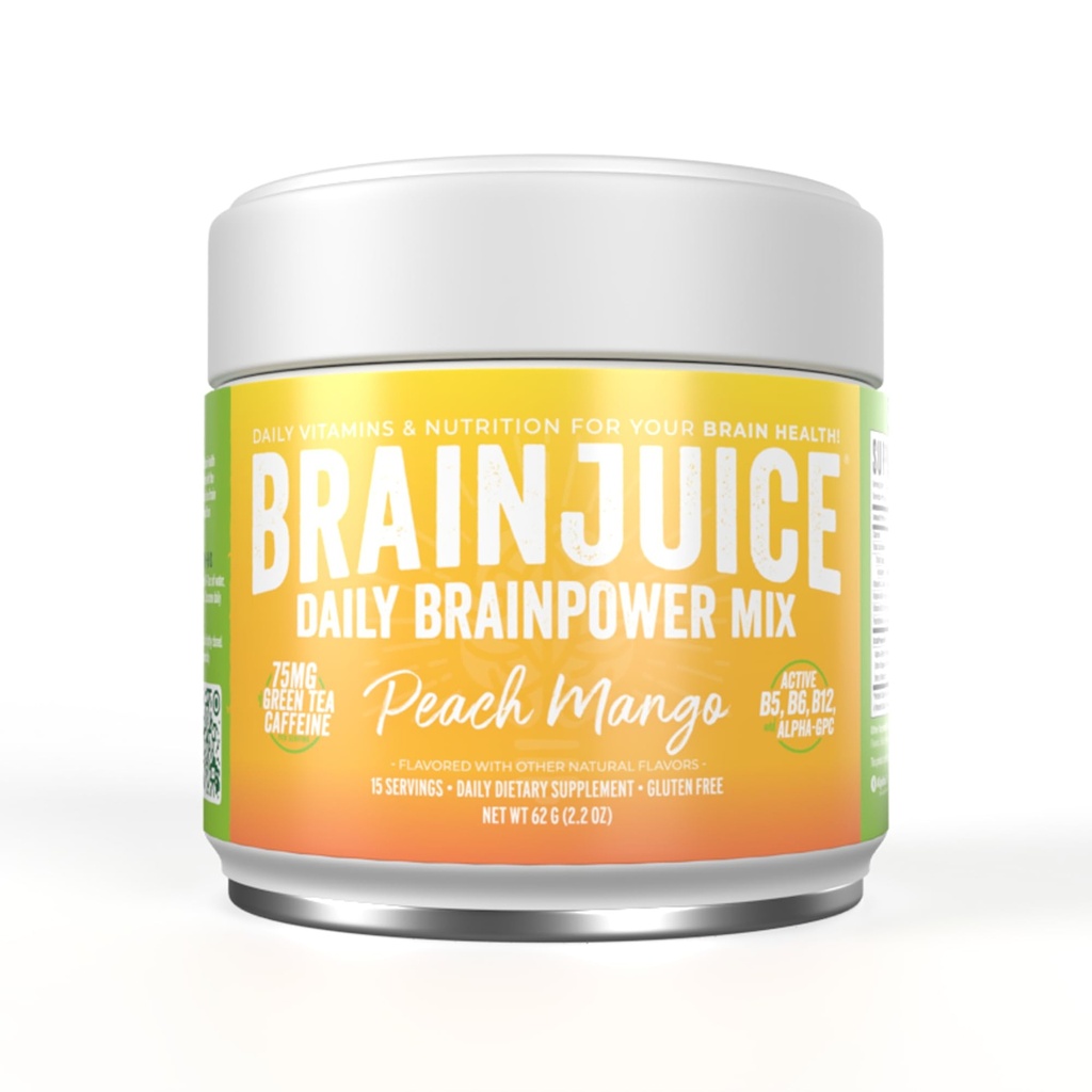 BrainJuice Nootropics Supplément de soutien au cerveau, Poudre sans gluten pour l'énergie et le focus, Mélange de boissons avec L Theanine, Alpha GPC, Vitamine B, Extrait de thé vert biologique caféine, Pêche Mangue, 15 portions