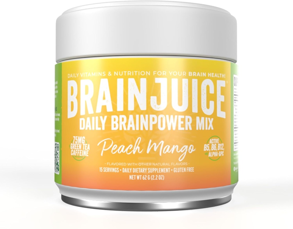 BrainJuice Nootropics Supplément de soutien au cerveau, Poudre sans gluten pour l'énergie et le focus, Mélange de boissons avec L Theanine, Alpha GPC, Vitamine B, Extrait de thé vert biologique caféine, Pêche Mangue, 15 portions