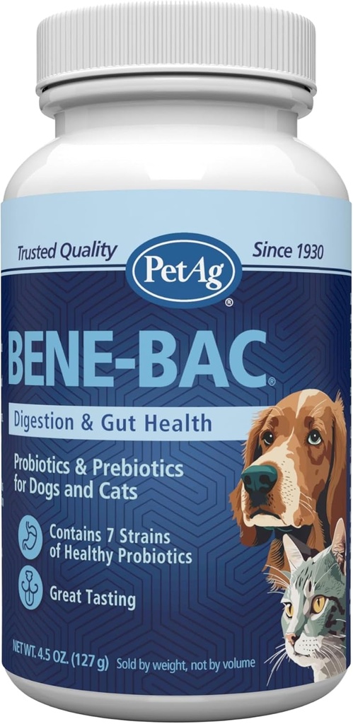 PetAg Bene-Bac - Poudre de 4,5 oz - FOS et probiotiques pour chiens, chats, mammifères exotiques et animaux sauvages