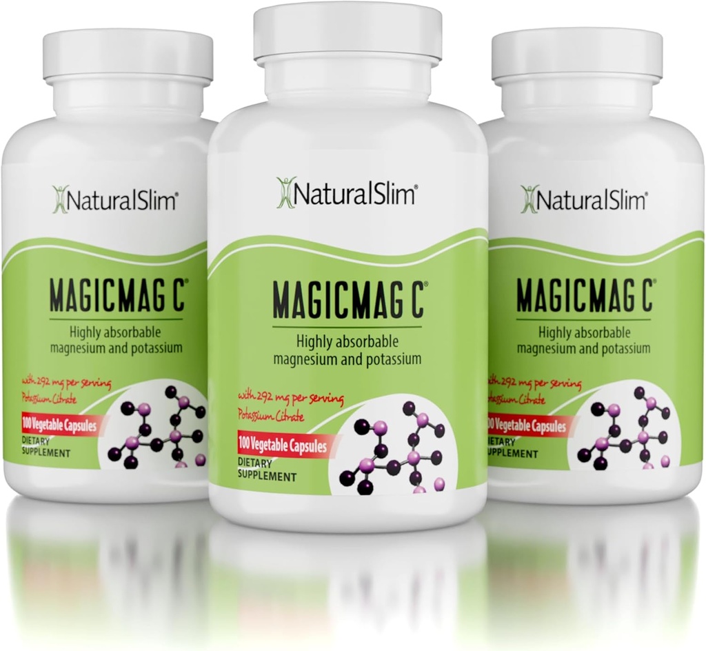 MagicMag C by NaturalSlim, Magnesium Citrate with Potassium for Muscle Relaxation, Sleep Quality, Nerve Function & Electrolyte Support, Daily Magnesium Supplement for Men and Women, 100 Capsules 3pk