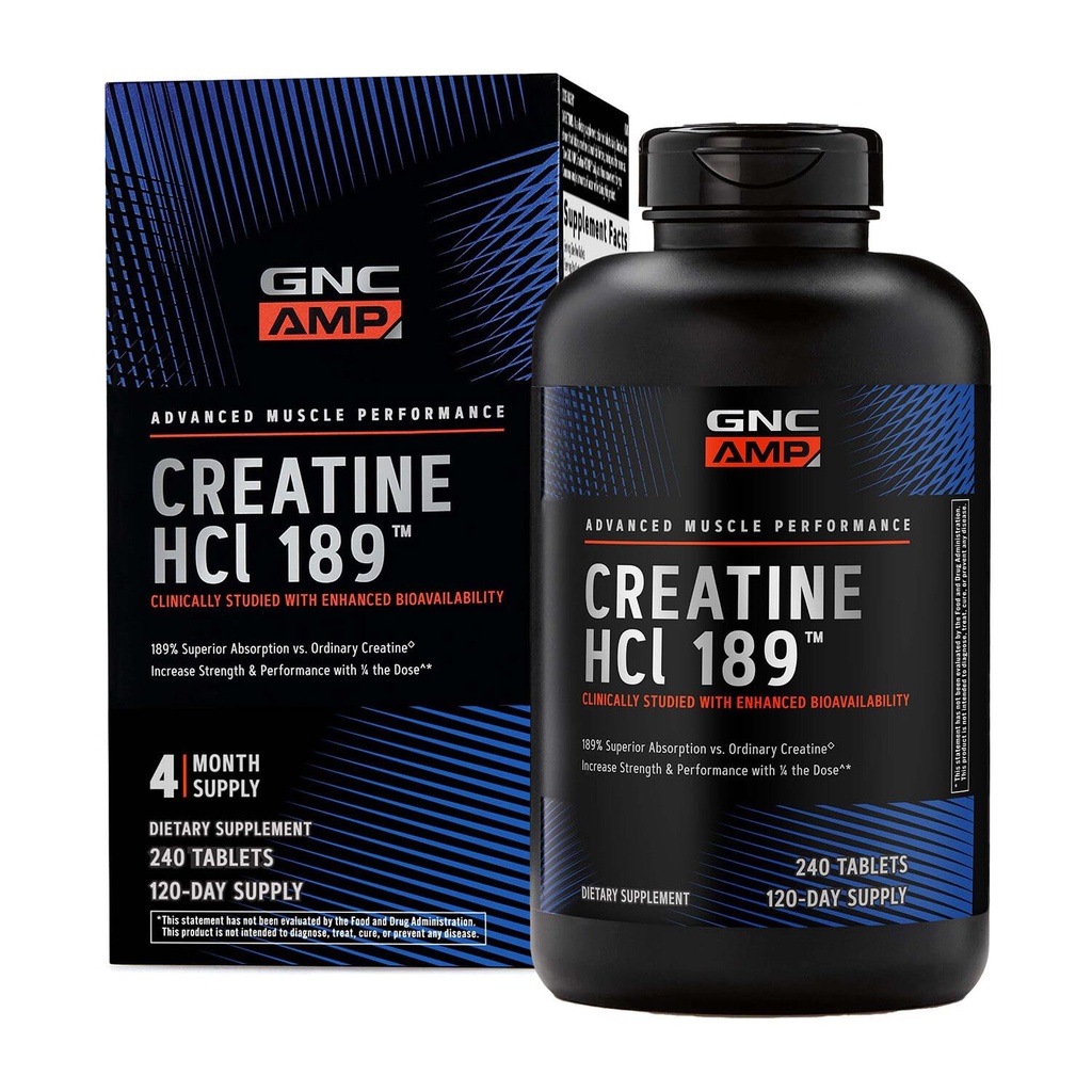 GNC AMP Creatine HCl 189 Pills, Constructeur de force et musculaire prouvé cliniquement, Performance athlétique, Production d'énergie, Supplément de récupération, Absorbage rapide, Formule sans gluten, 120 portions