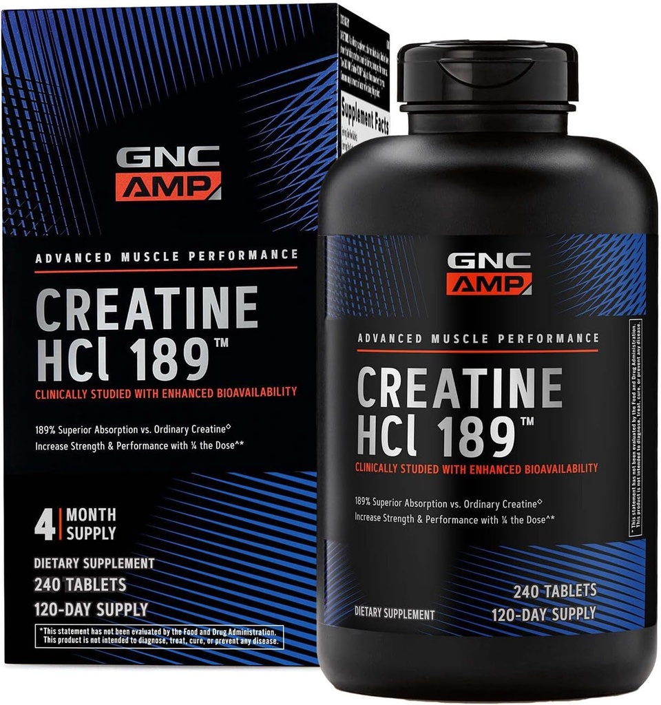 GNC AMP Creatine HCl 189 Pills, Constructeur de force et musculaire prouvé cliniquement, Performance athlétique, Production d'énergie, Supplément de récupération, Absorbage rapide, Formule sans gluten, 120 portions