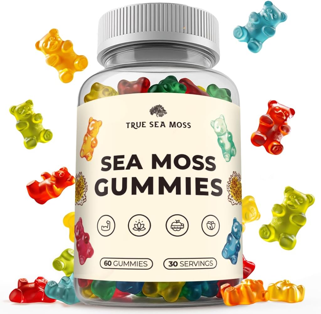 TrueSeaMoss Irish Sea Moss Gummies with Burdock Root & Bladderwrack – Formule végétalienne pour adultes et enfants – Non-OGM, sans gélatine, saveur de fruits – Fabriqué aux États-Unis – 60 Gummies
