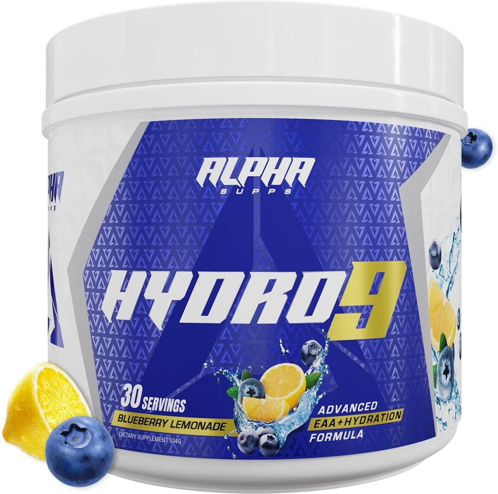 Alpha Suppose Hydro 9 Aminos (EAA + formule d'hydratation) Acides aminés essentiels AAE Poudre avec BCAAs & Electrolytes 30 portions - Cimonade de bleuet