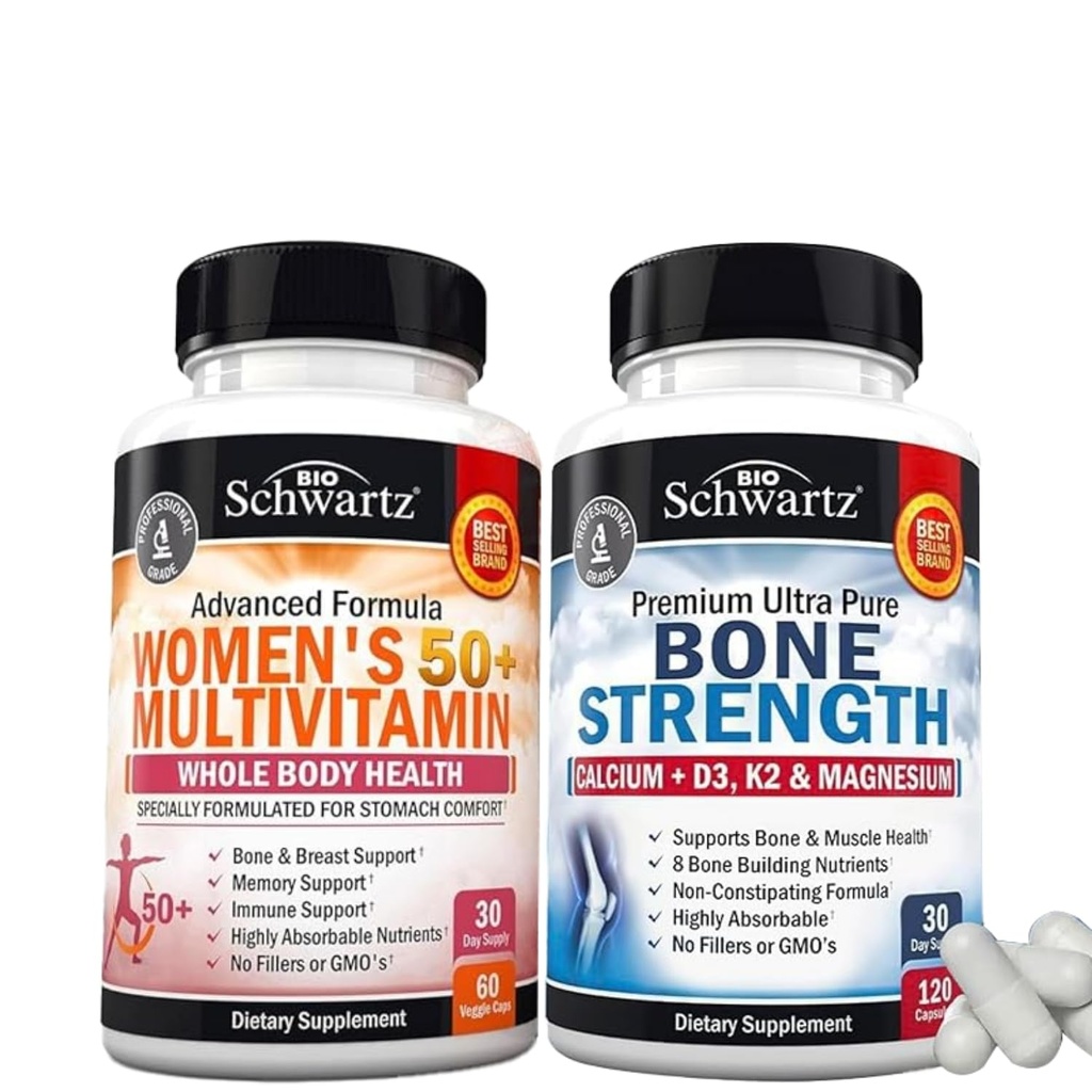BioSchwartz Multivitamine quotidienne pour les femmes de 50 et plus (1 mois d'approvisionnement) Supplément minéral de force osseuse avec calcium et magnésium (1 mois d'approvisionnement)