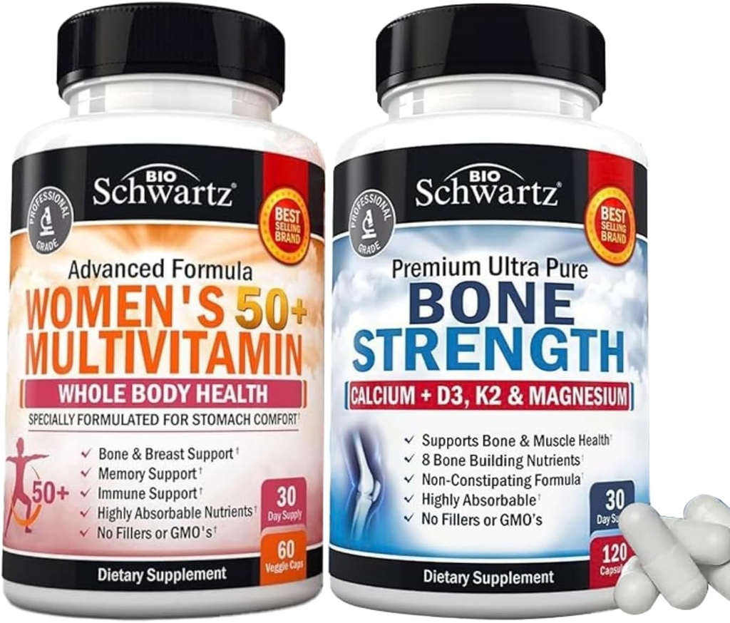 BioSchwartz Multivitamine quotidienne pour les femmes de 50 et plus (1 mois d'approvisionnement) Supplément minéral de force osseuse avec calcium et magnésium (1 mois d'approvisionnement)