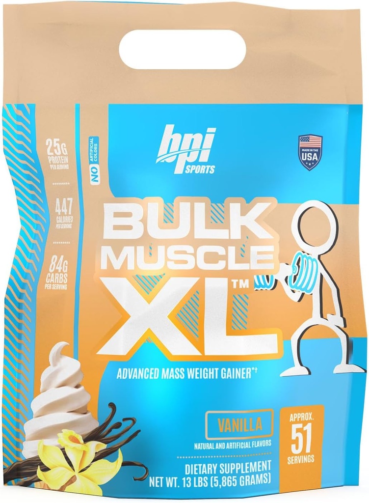 BPI Sports Bulk Muscle XL - gain de poids de masse avancé pour la construction et la récupération de muscles graves, 25g de protéines et 497 calories par portion - chocolat, 13lb sac (13lb, Vanille)