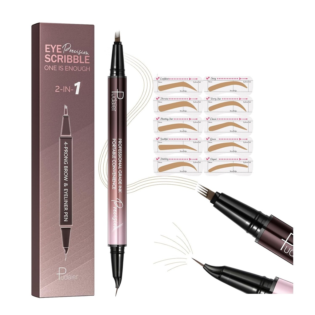 2-en-1 Stylo à sourcils courbés et Eyeliner avec stencils à sourcils 10Pcs, crayon à sourcils microblading avec point de 4 fourchettes et pointe précise courbée, crayons à sourcils imperméables et longs pour les femmes, Blond clair
