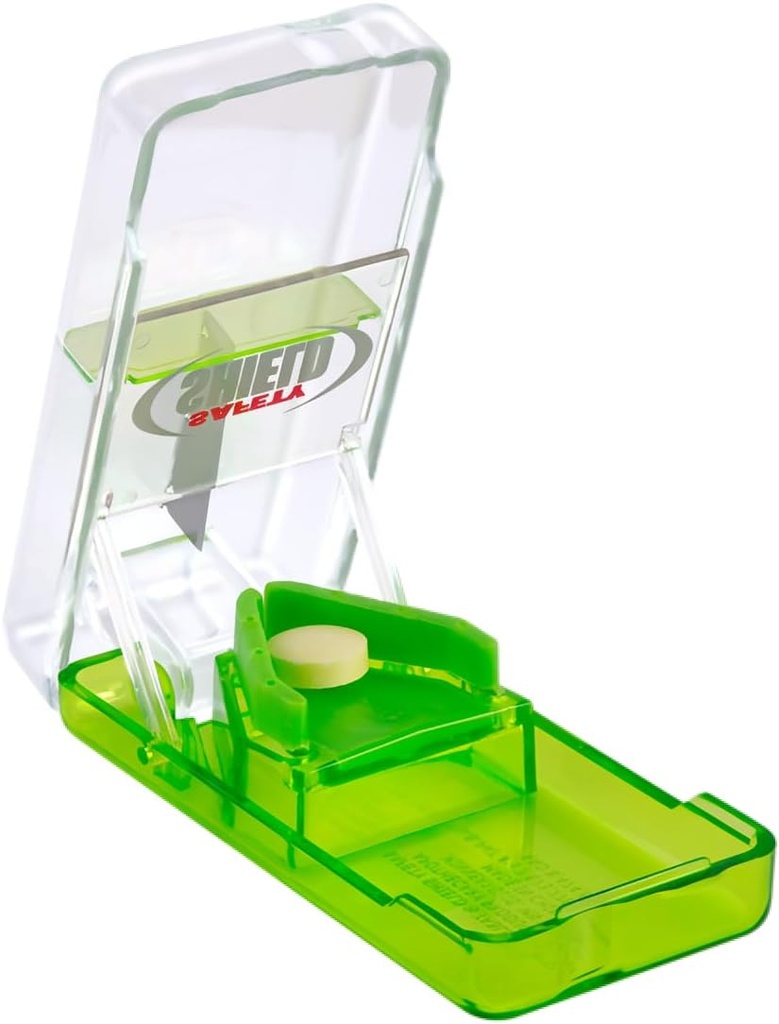 Découpe et fractionnement de pilules par injection avec bouclier de sécurité, utilisation quotidienne, pilules coupées en toute sécurité, vitamines, comprimés en moitié, coupe précise et facile, lame en acier inoxydable, voyagez sized, couleur mai Varier, sans BPA