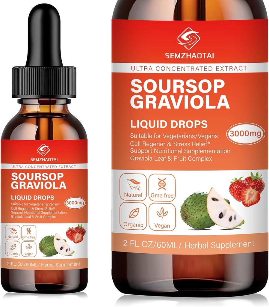 Soursop Graviola Leaf Extract & Sea Moss Liquid Drops - Cell Support, Immunity Boost, Liver Health, Sleep Aid & Antioxidants - Pure Soursop Bitters, 2 Month Supply, 2 Fl Oz (2oz, Strawberry)