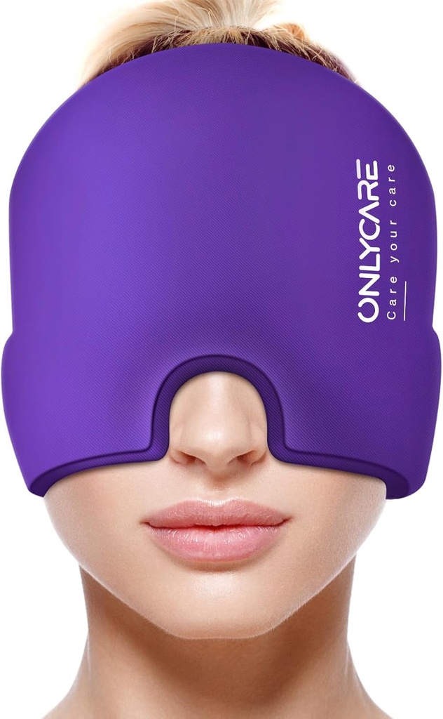 ONLYCARE Migraine Relief Cap, Soothing Headache Hat, Upgraded Odorless Gel Ice Head Wrap, Hot and Cold Therapy, Headache Ice Pack for Tension and Stress(Purple)