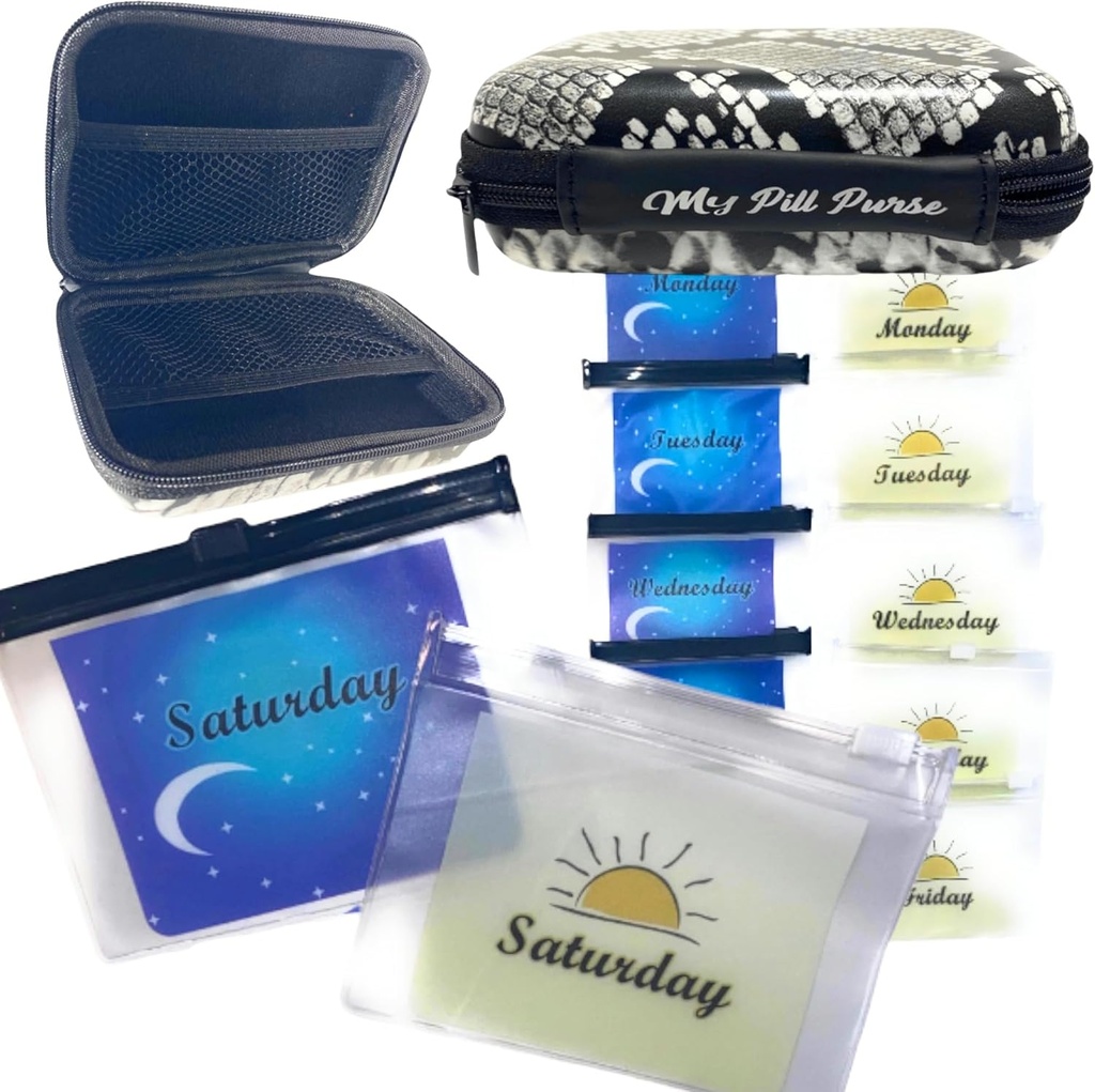 Am Pm Pill Organizer 7 Day Black/White Faux Snake Skin Medicine Taille du boîtier 5.5 X 4 X 1,75 po. Portefeuille Med 14 Petites Pill Baggies réutilisables 3x4 po. Pill Pouches pour la médecine, Jours de la semaine