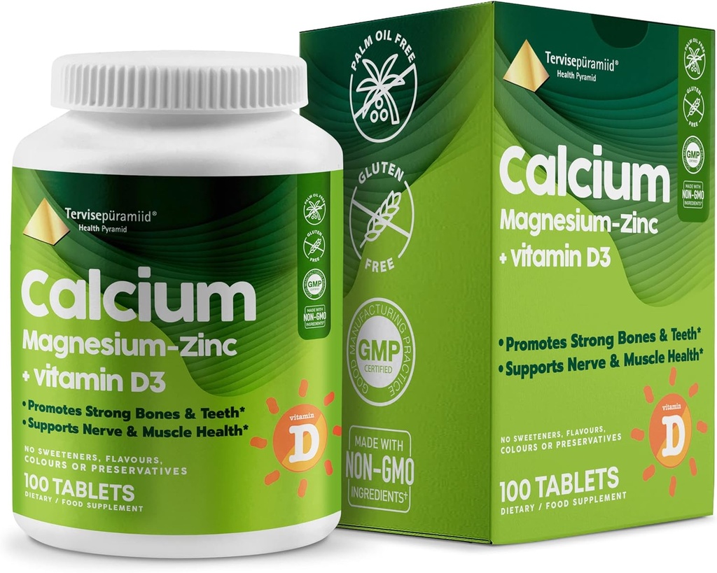 Santé Pyramide Calcium Magnésium Zinc avec supplément de vitamine D3 pour les os forts et les dents Cal Mag Zinc soutient la santé nerveuse et musculaire 100 comprimés végétaliens