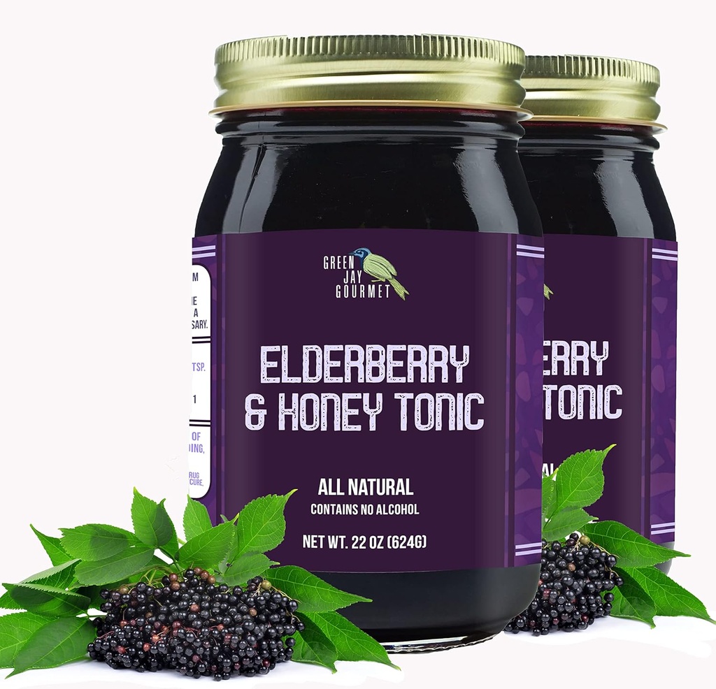 Green Jay Gourmet Elderberry Tonic – All Natural Elderberry Syrup – Elderberry Immune Support for Kids & Adults – Powerful Elderberry & Honey Blend – Sambucus Elderberry Syrup – 2 x 22 Ounces