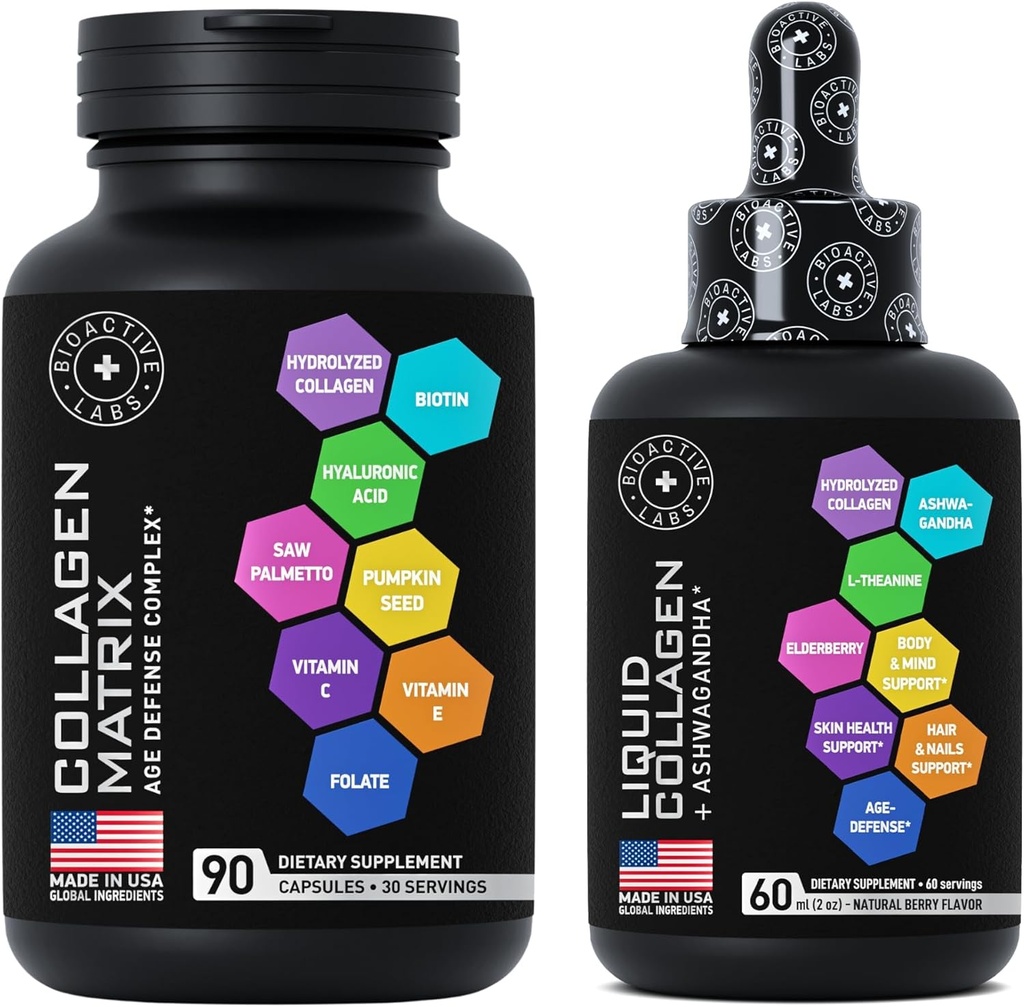 Age Defense Beauty Collagen Matrix et liquide Collagen Plus Ashwagandha Beauty Bundle pour la croissance des cheveux, Glow de peau, Nails