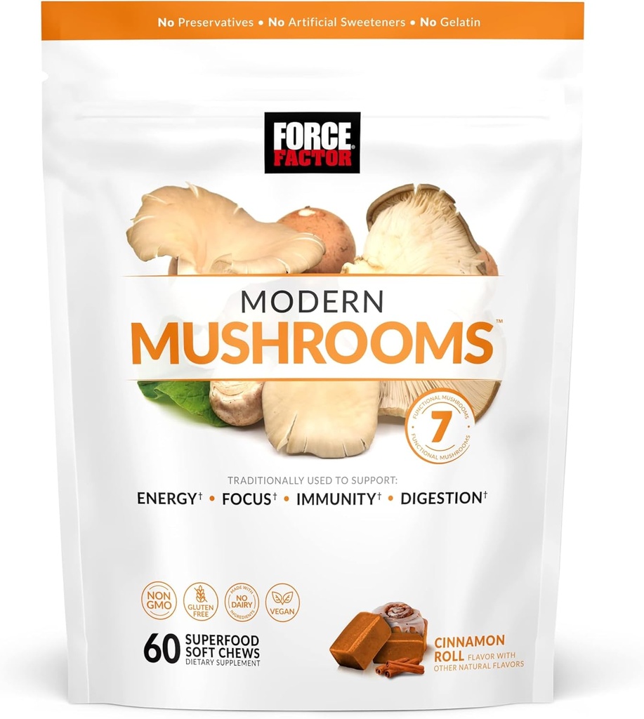 Facteur de force Champignons modernes Soft Chews, complément de Champignons avec Lions Mane, Turkey Tail, & Cordyceps pour soutenir l'énergie, Focus, Immunity, & Digestion, Cinnamon Roll, 60 Soft Chews