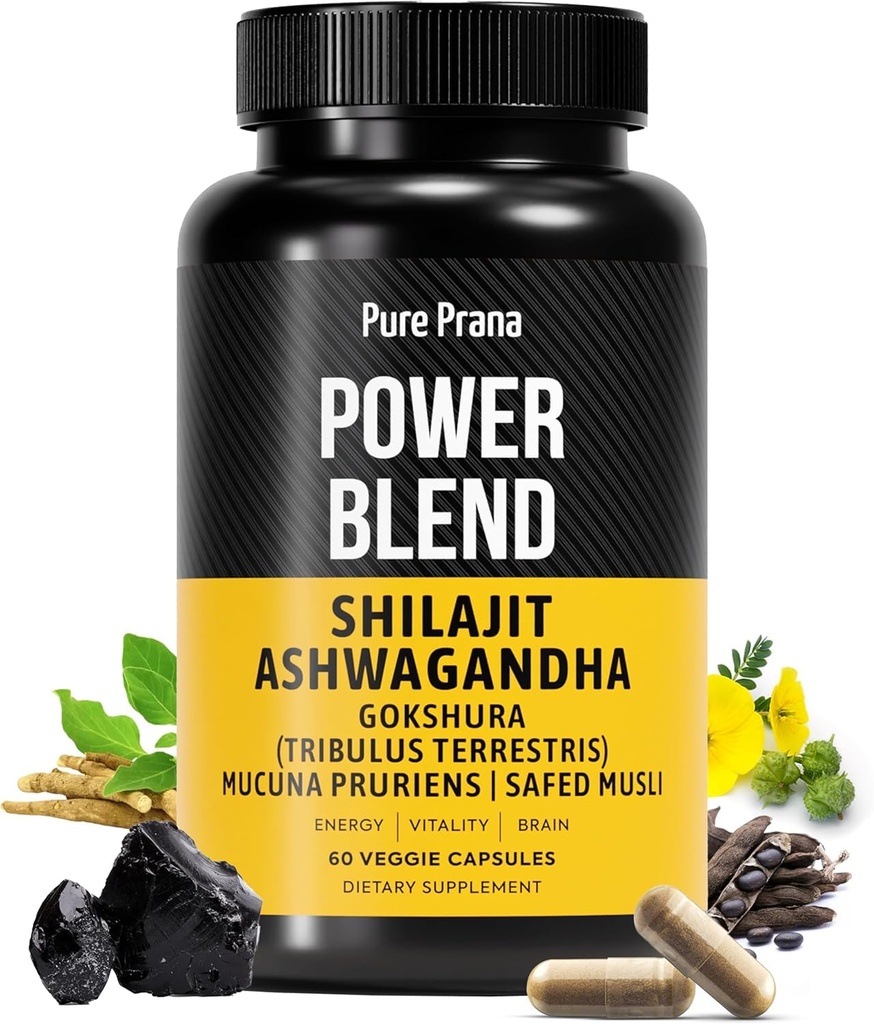 Pure Himalayan Shilajit avec Ashwagandha pour les hommes - 12000mg Authentic Shilajit Capsules avec Gokshura, KSM-66 & Safed Musli