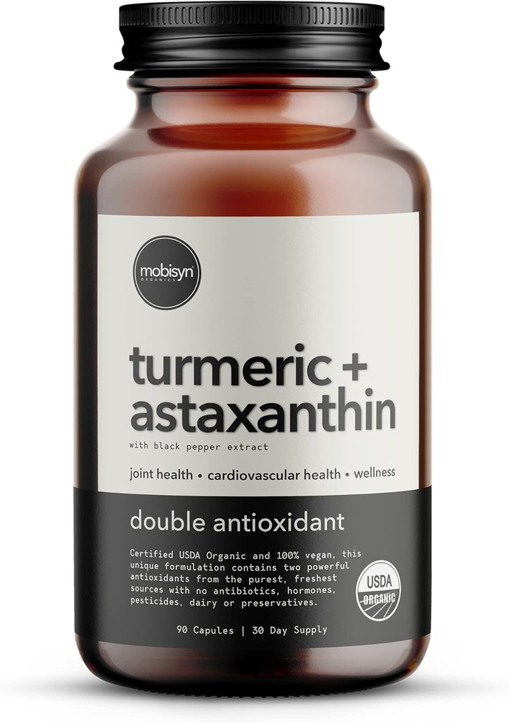 Astaxanthine biologique 12mg Plus Turmère 1500mg, Extrait de poivre noir, Haute absorption, Eye, Coeur, Peau, articulaire, Vegan, Sans gluten, Non-OGM, Double Antioxydant, Supplément Curcumine Turmère, 30jours