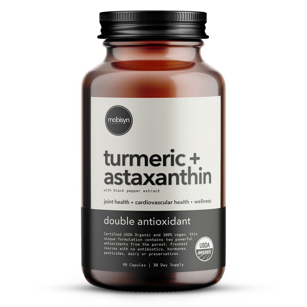 Astaxanthine biologique 12mg Plus Turmère 1500mg, Extrait de poivre noir, Haute absorption, Eye, Coeur, Peau, articulaire, Vegan, Sans gluten, Non-OGM, Double Antioxydant, Supplément Curcumine Turmère, 30jours