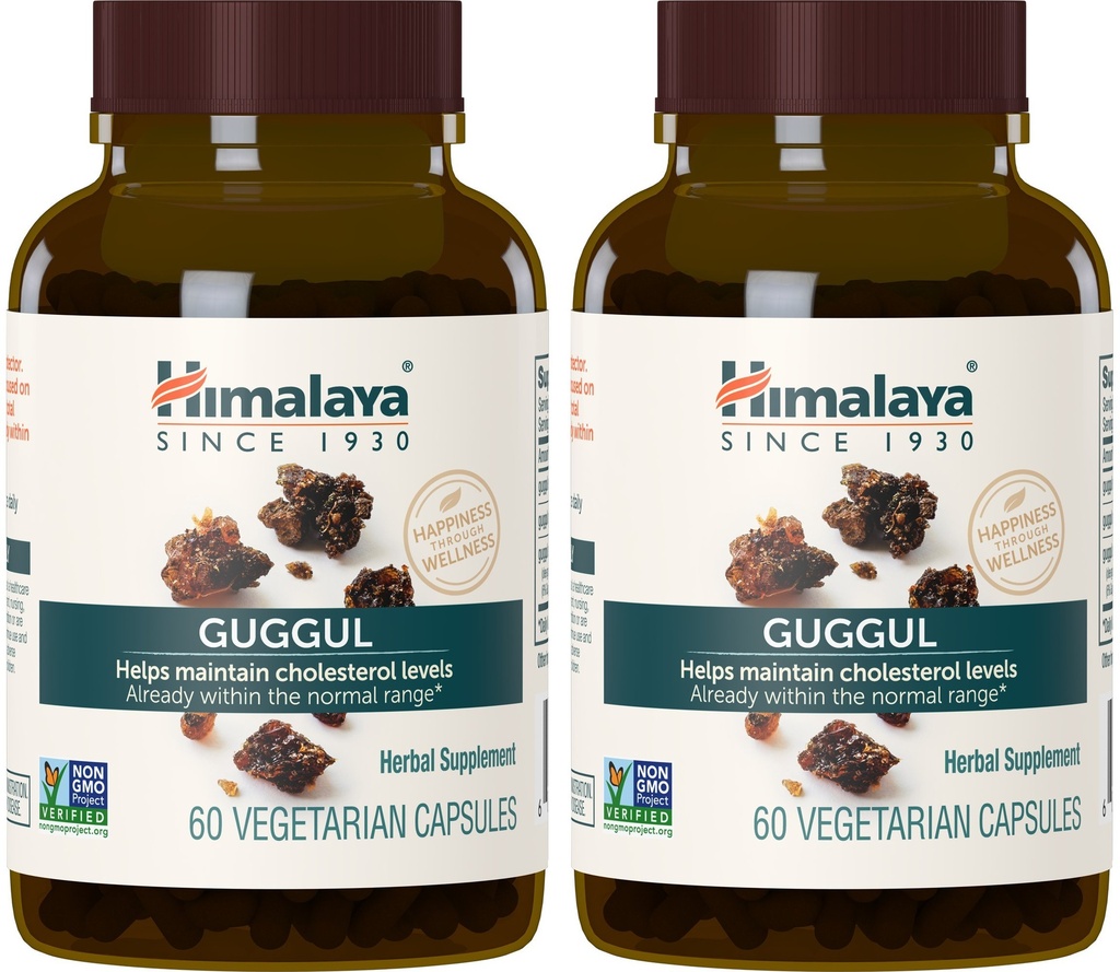 Himalaya Guggul, supplément de cholestérol pour les niveaux de LDL, HDL et triglycérides sains, 750 mg, 60 capsules végétariennes, 1 mois d'approvisionnement, 2 paquets