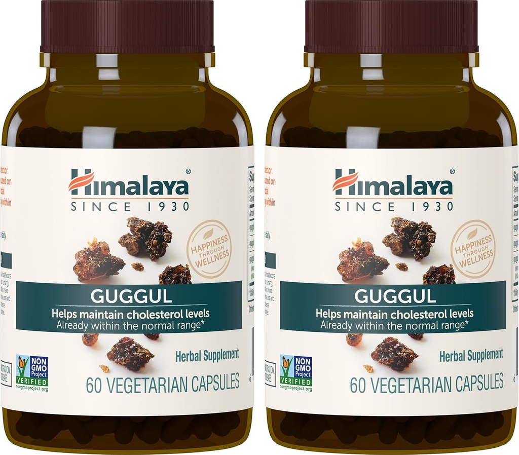 Himalaya Guggul, supplément de cholestérol pour les niveaux de LDL, HDL et triglycérides sains, 750 mg, 60 capsules végétariennes, 1 mois d'approvisionnement, 2 paquets