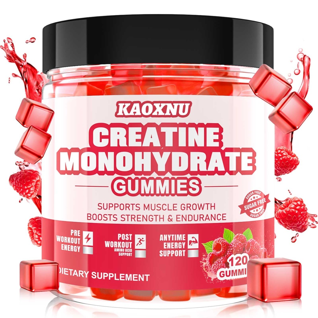 Créatine Monohydrate Gommies pour hommes et femmes 120 CT - 5000mg de créatine Monohydrate par service - Sans sucre Créatine à croquer pour la force musculaire, le constructeur musculaire, l'énergie boost (arôme de framboise)