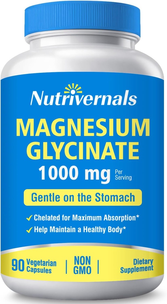 Magnésium Glycinate Nutrition Supplément diététique 1000mg 100 % Chélaté pour Absorption maximale Non-OGM Gluten Free 90 Gélules