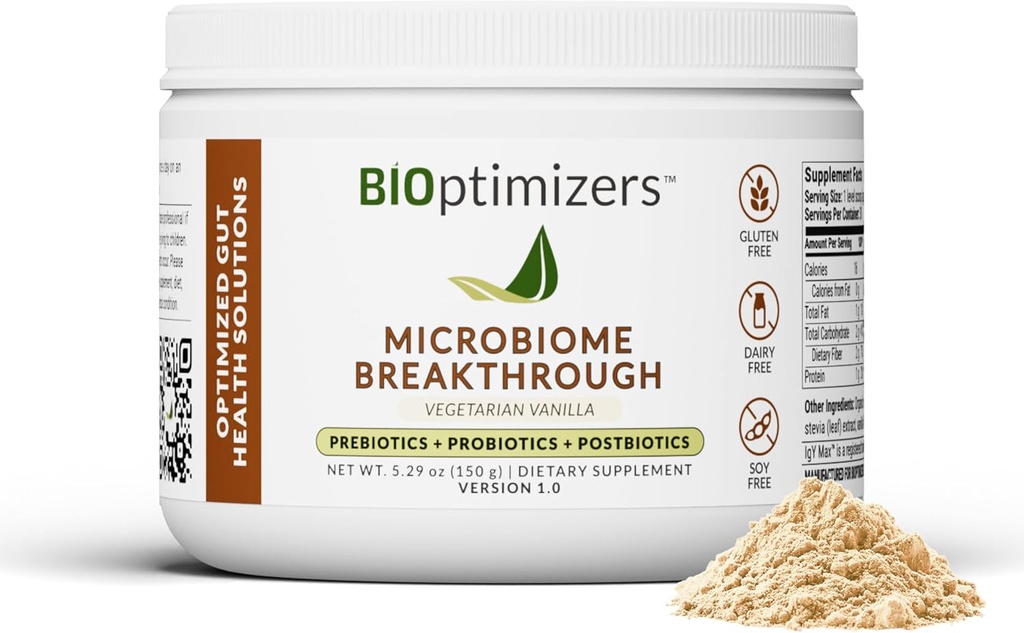 Microbiome BreakthroughTM Gut Support Poudre – Vanille végétarienne – Avec Probiotiques, Prébiotiques et IgY Max® – Source de L-Glutamine – Soutient le confort digestif, le gaz et le dégel 30 portions*