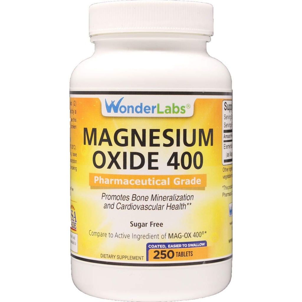 Wonder Labs Oxyde de magnésium 400, 483mg d'oxyde de magnésium Classe pharmaceutique** Comparer à MAG-OX 400 ® - 250 comprimés