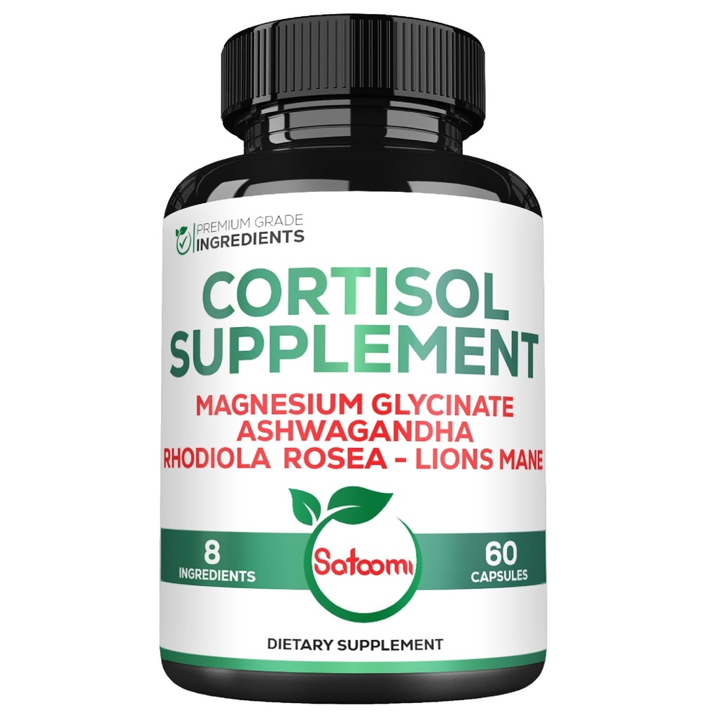 Satoomi 8in1 Cortisol Manager avec Magnésium Glycinate, Ashwagandha, Rhodiola Rosea, Lions Mane & More - Supplément Réducteur Cortisol Hommes & Femmes - 60 Capsules
