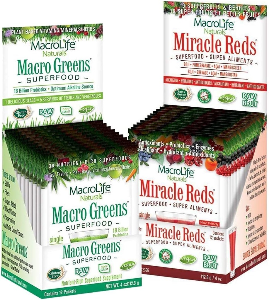 MacroLife Naturals Macro Greens & Miracle Reds Immunity Bundle - Superfood Antioxydant - Herbal, Fruits & Berries Immunity probiotique Non-OGM, végétalien, sans gluten, sans lait - 24 portions de paquet