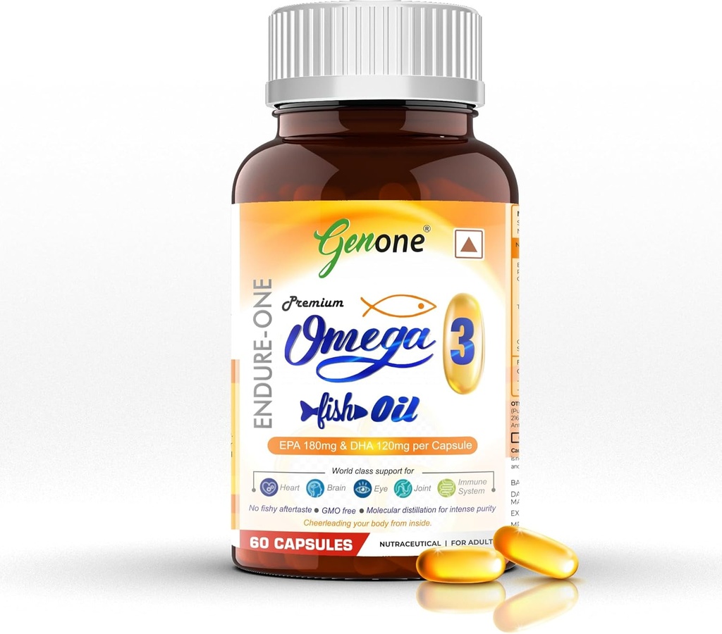 Genone EndureOne Meilleures Capsules d'huile de poisson Omega-3 pour le cerveau, le coeur, les yeux et la santé des articulations (hommes et femmes) 60 Softgels