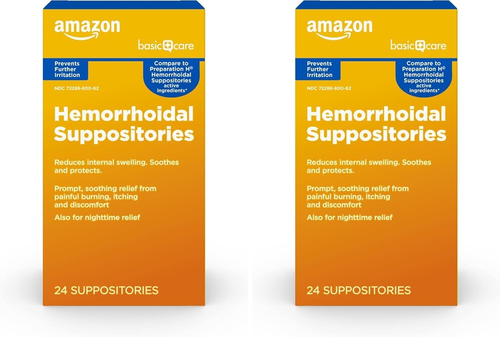 Suppositoires hémorroïdales de soins de base, soulagement de la brûlure, des démangeaisons et du malaise des hémorroïdes, 24 comtes (paquet de 2)
