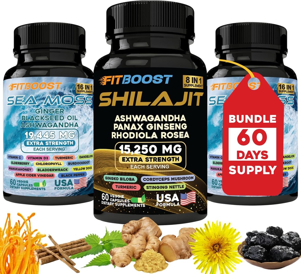 60 jours d'approvisionnement de la mousse de mer et du bundle Shilajit pour les hommes All-in-1 Vitalité dynamique Bundled Seamoss Huile de graine noire Ashwagandha Root Delicately Prepared for you to Raintain & Regain Strength