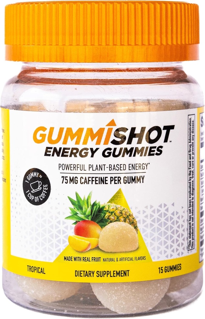 GummiShot Energy Gummies, 1125 mg d'égratignures de caféine par bouteille, Boosters d'énergie longue durée, Tropical (15ct)