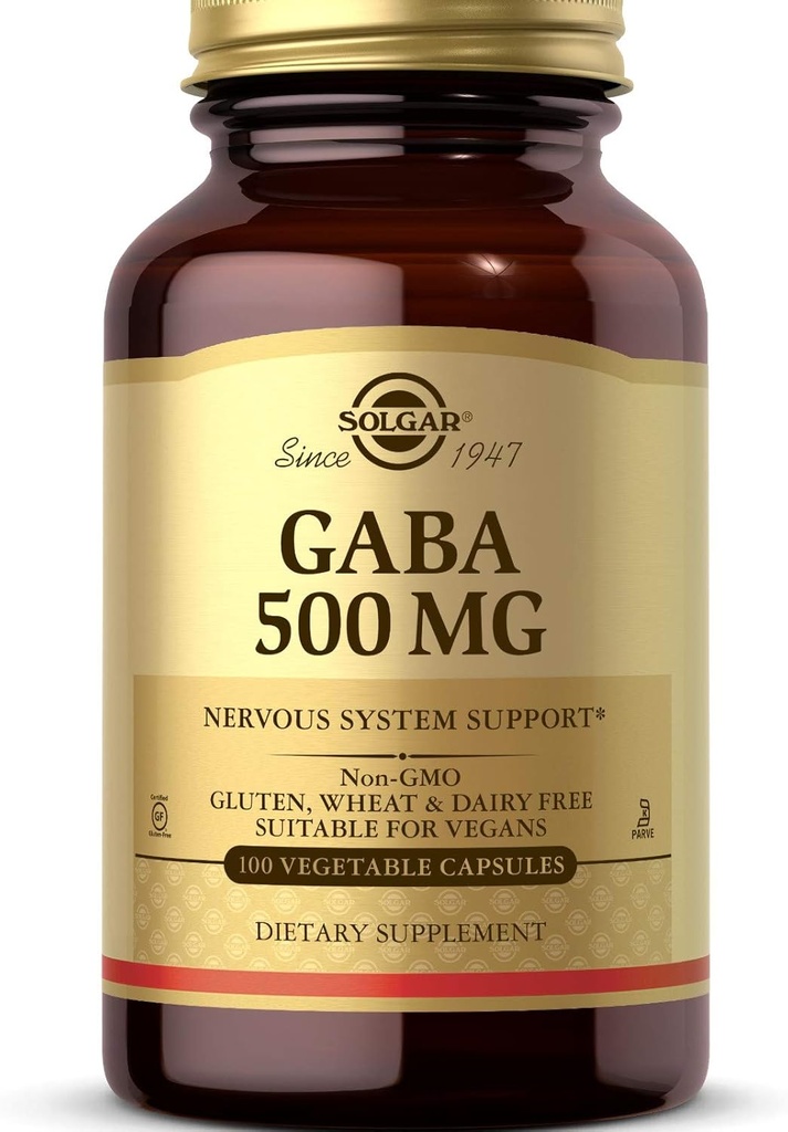 Solgar GABA 500 mg, 100 capsules végétales - Relaxation et soutien du système nerveux - Acid Amino - Non-OGM, végétalien, sans gluten, sans laiterie, casher - 100 portions