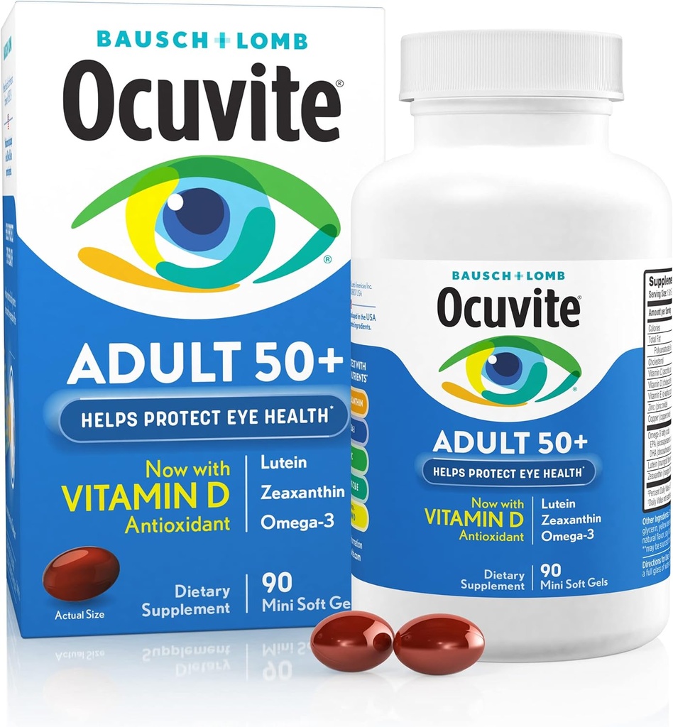 Ocuvite 50+ Vitamine oculaire et supplément minéral, Multivitamine pour la vision et la santé oculaire avec Oméga-3, Zinc, Vitamines C & E, Lutéine et Zeaxanthin, Suppléments de zinc pour les femmes et les hommes, 90 Softgels
