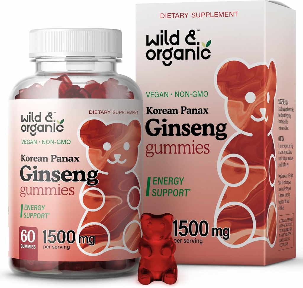 Gommies de ginseng sauvages et biologiques à panax 1500 mg - Supplément de ginseng rouge coréen - Porcs à base de poudre végétalienne, non OGM - 60 Nombre
