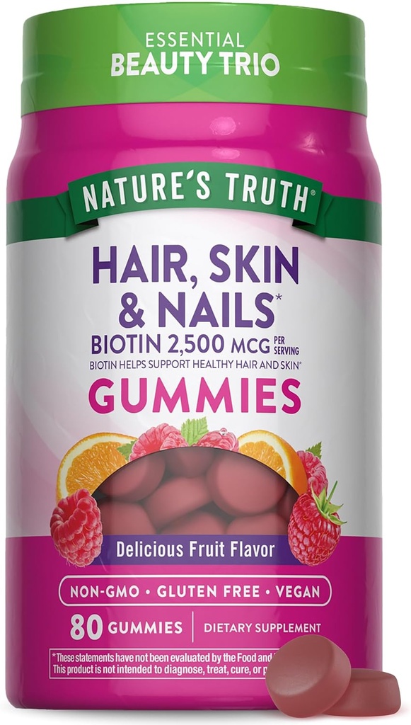 Nature's Truth Hair Skin and Nails Gummies | 80 Count | 2500mcg of Biotin | Vegan, Non-GMO, Gluten Free Supplement | Vitamin for Women & Men