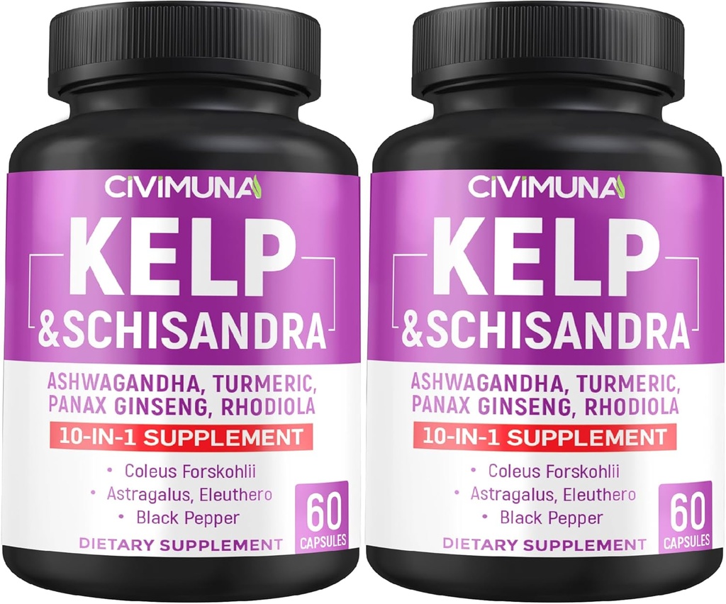 Capsules de Kelp avec Kelp, Schisandra, Ashwagandha et plus - 120 Capsules pour 4 mois d'approvisionnement (paquet de 2)