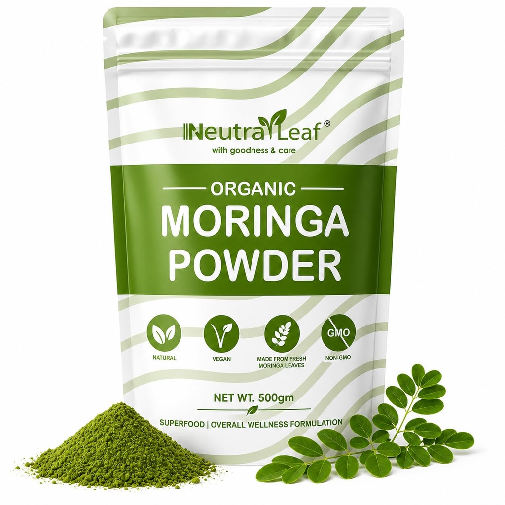 Neutraleaf Organic Moringa Powder | Drumstick Leaves Powder for Immunity | Rich in Iron, Calcium & Plant Protein | Superfood for Hair Growth & Glowing Skin | Non-GMO, Vegan | Resealable Bag | 500g
