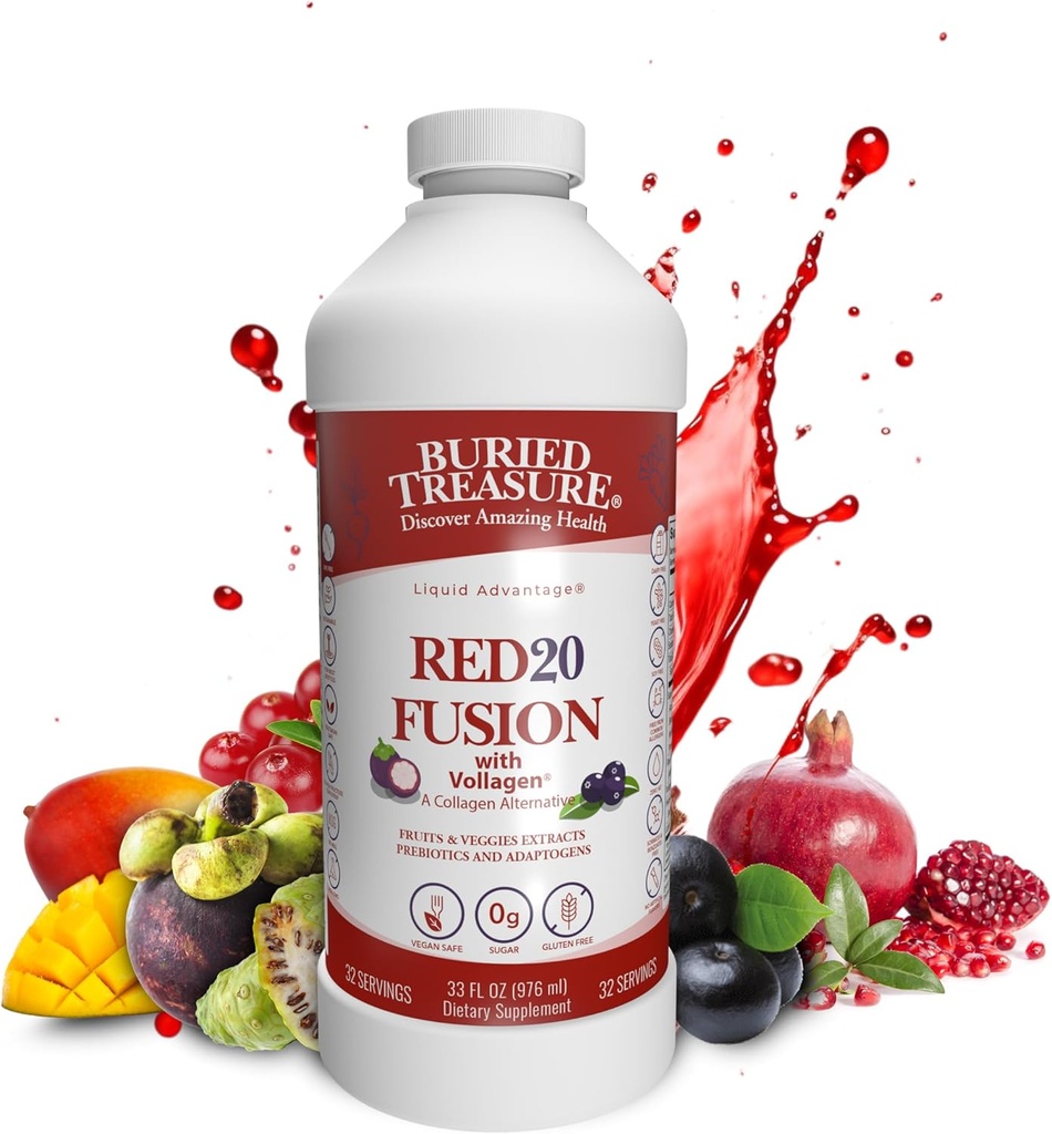 Trésor enterré Red20 Fusion Superfood Blend – Acai, betteraves, myrtilles, fibre, adaptogènes, lutéine, Volagène végétalien, énergie naturelle, digestion, Eye Health & Wellness Support, 32oz liquide