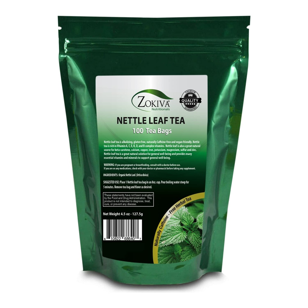 Zokiva Nutritionals - Sacs à thé Nettle Leaf Mega Pack - 100 Sacs à thé à base de plantes biologiques pratiques de qualité Premium - Sans caféine et respectueux des végétaliens dans une poche à fermeture zippée réutilisable
