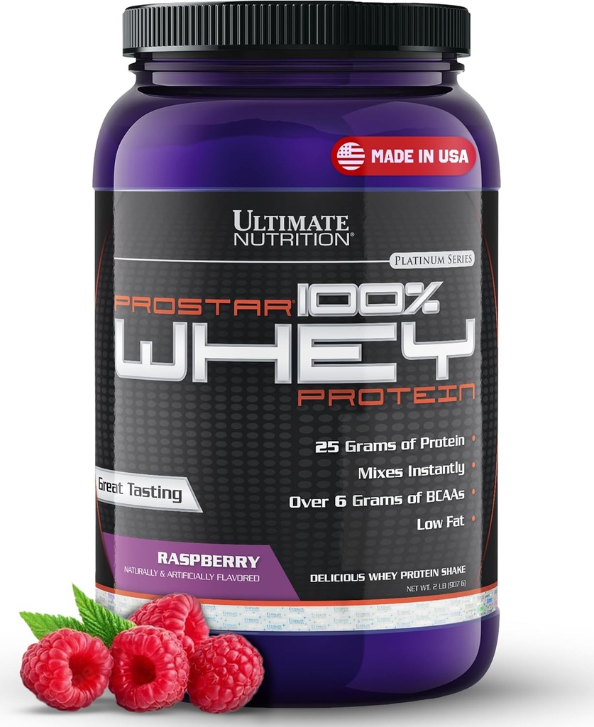 Ultimate Nutrition Prostar Whey Protéines Poudre Isolée, Framboise - Faible Carb, Poudre à haute protéine Shake pour le gain musculaire et la récupération - Faible Sodium, Faible Fat et Keto Friendly - 2 lbs Tub