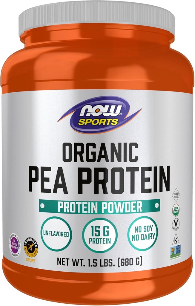 NOW Foods Sports Nutrition, Certified Organic Pea Protein 15 Grams, Unflavored Powder, 1.5-Pound