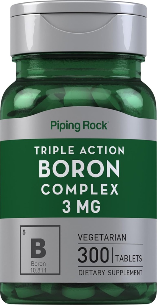 Piping Rock Boron Supplément pour les hommes et les femmes de 3mg de 300 comprimés Triple complexe de glycinate, Aspartate, Citrate, Végétarien, Non-OGM, Sans gluten