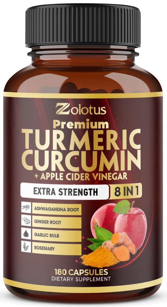 7 en 1 Curcumine curcuma + Capsules de vinaigre de cidre de pomme, 6 mois d'approvisionnement avec Ashwagandha, Ginger, Bulbe d'ail, 180 Capsules